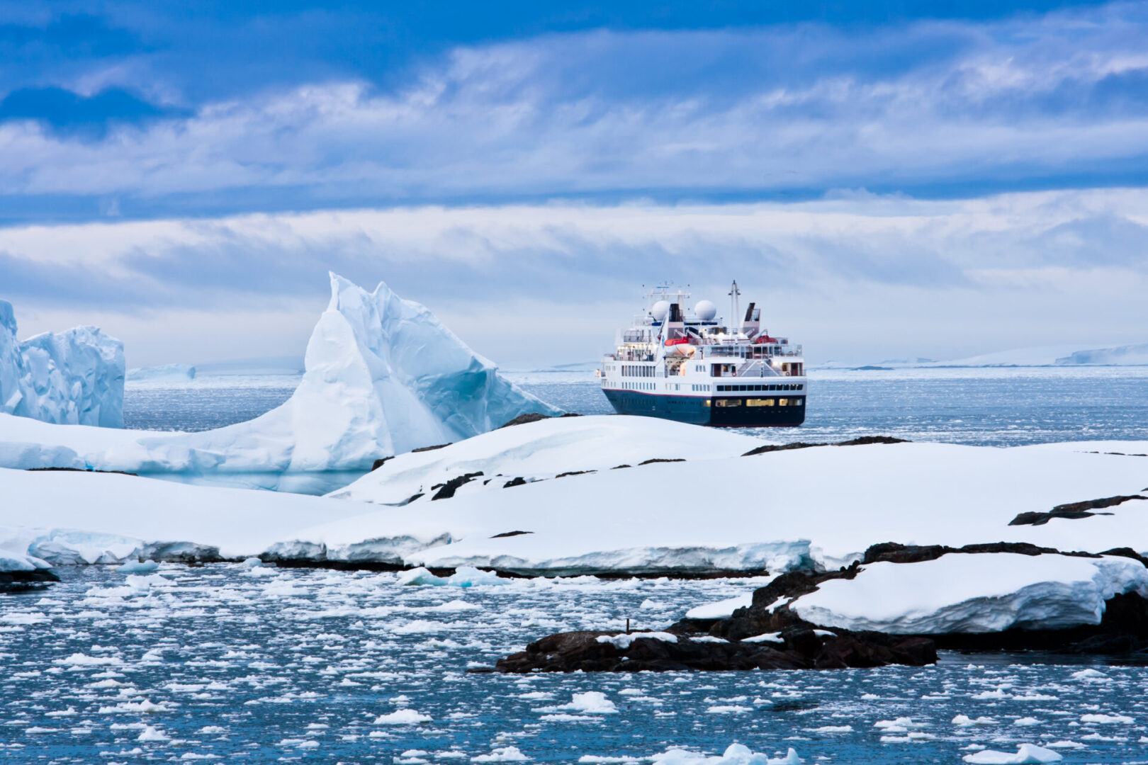 Ship navigating icy Antarctic waters
