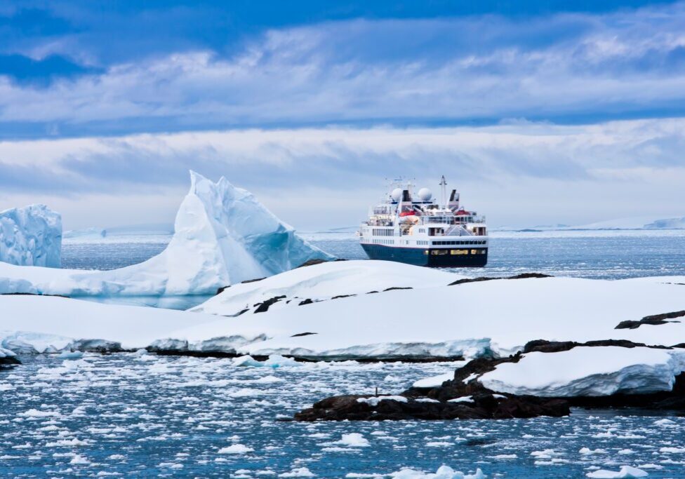 Ship navigating icy Antarctic waters